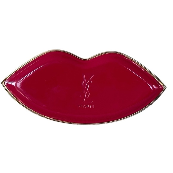 YSL Beauty Small Red Lip Shape Hand Makeup Mirror LIMITED EDITION Gold Trim 2x4” - Picture 1 of 4